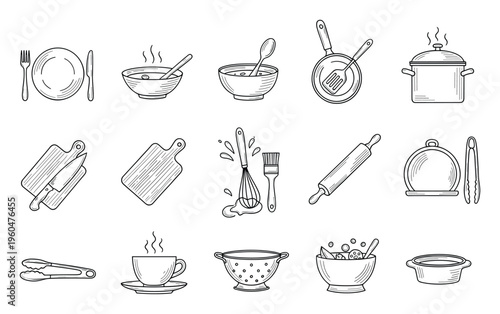 A comprehensive collection of essential kitchen utensils and cooking tools presented in a simple outlined style, perfect for culinary and food themed projects.