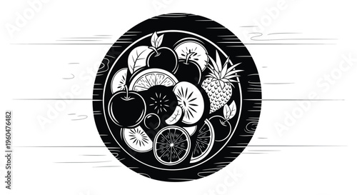A circular arrangement of various fruits including apples pineapple and citrus displayed in a bold silhouette high quality