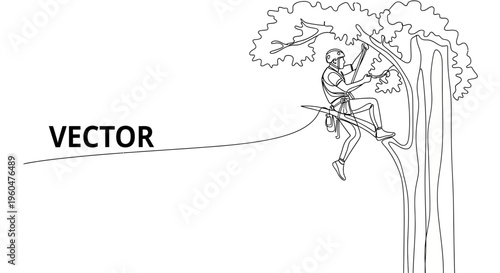 Professional arborist meticulously ascending a large tree trunk in a striking continuous line