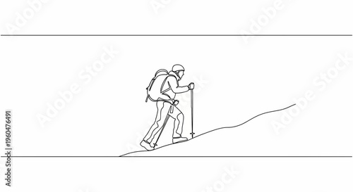 Continuous line art of a solitary hiker ascending a rugged mountain path with trekking poles,