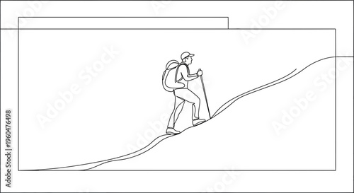 Single continuous line drawing of an adventurous hiker ascending a challenging mountain slope