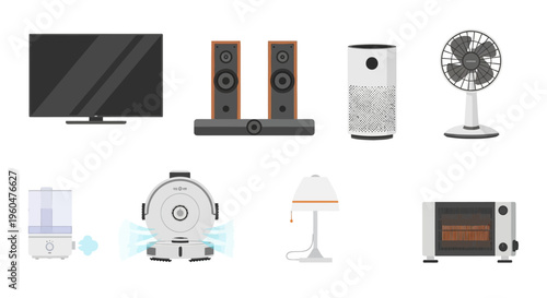 Collection of modern household electronics and smart home appliances including TV, speakers, air purifier, fan, robot vacuum, lamp, and heater on white background.