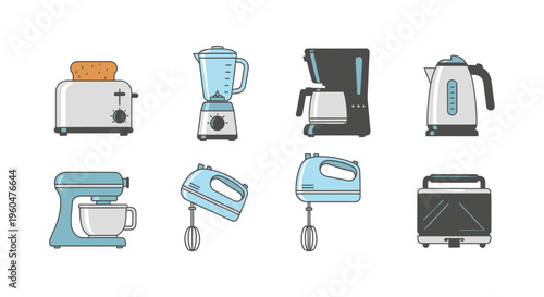 Modern Kitchen Appliance Icons Set Featuring Toaster Blender Coffee Maker Kettle Stand Mixer Hand Mixer and Sandwich Press in Blue and Grey Flat Vector Style.