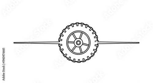 Monochrome off-road vehicle wheel icon with extended horizontal axle line graphic design element