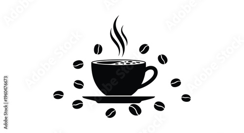 A black silhouette of a coffee cup with scattered beans and rising steam a minimalist design silhouette