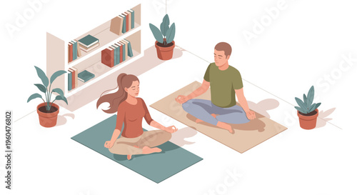 Peaceful home meditation with relaxed couple in calm yoga pose surrounded by books and plants