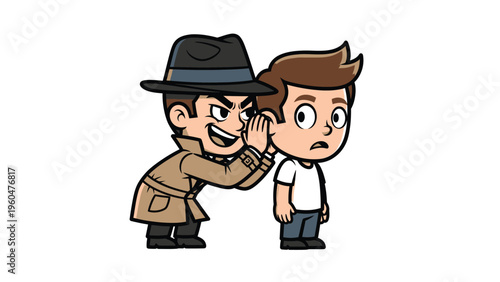 Cartoon character whispering a secret into another man's ear. Concept of gossip, confidential information, or secret sharing.