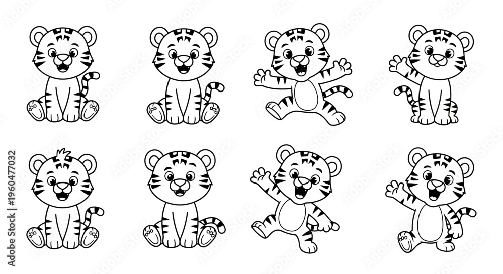 Fototapeta premium Cute cartoon tiger cubs in various playful poses and expressions