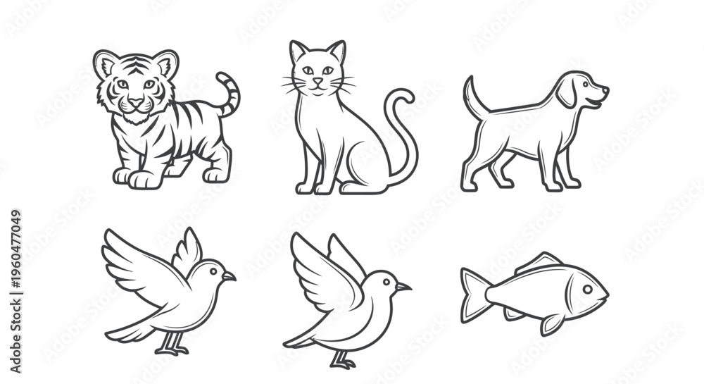 Naklejka premium Black and white line drawings of six animals tiger cat dog bird dove fish