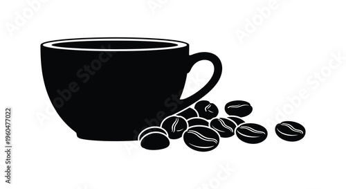 A stark black silhouette depicts a full coffee cup and scattered coffee beans creating a minimalist scene silhouette