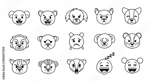 Collection of bear faces with various emotions on white background