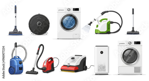 Modern household appliances collection featuring washing machines, vacuum cleaners, robot vacuum, air purifier, and steam cleaner isolated on white background.
