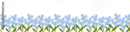 Spring blue flowers floral border, narcissus flowers banner, yellow garden flowers. Hand drawn vector illustrations