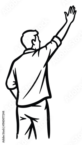 A man seen from his back raising his hand in a gesture of greeting or voting, suitable for illustrating concepts of participation, communication, or expressing agreement in various media