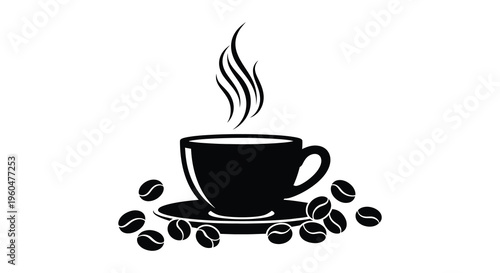A black silhouette of a coffee cup with beans and rising steam a minimalistic design silhouette high quality
