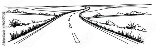 Simple line drawing depicting a countryside highway curving through open landscapes with roadside grass and distant rolling terrain for transportation projects.