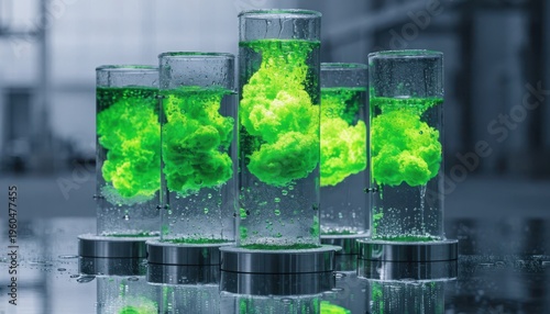 Vibrant green liquid swirling and dispersing in scientific glass cylinders