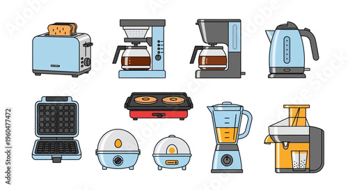 Collection of Modern Kitchen Appliances Vector Icons Set Including Toaster Coffee Maker Kettle Waffle Iron Blender and Juicer in Flat Line Art Style on White Background