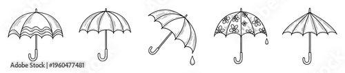 Collection of various hand drawn umbrella silhouettes depicting rainy season protection and weather forecasting symbols for seasonal marketing campaigns and casual graphic design projects.