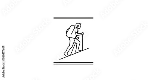Minimalist outline icon depicting a hiker ascending a slope with a backpack and trekking pole,