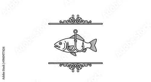 Monochrome line art illustration featuring a fish with a fishing hook bordered by elegant ornaments