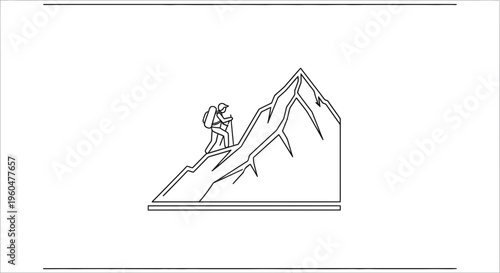 Minimalist continuous line art depicting a lone hiker ascending a rugged mountain peak exploring