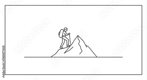 Minimalist illustration depicting a solitary explorer ascending a jagged mountain peak,