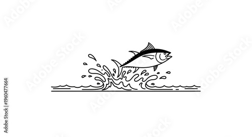 Dynamic powerful tuna fish vector illustration with energetic water splash in minimalist black and