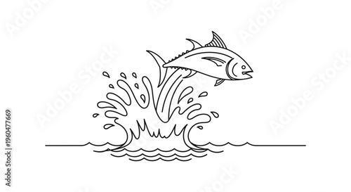 Dynamic continuous line art illustration of a powerful fish leaping from the ocean surface with a