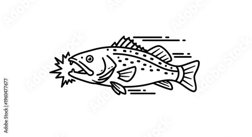 Dynamic line art illustration of a fast-moving predatory fish with a powerful bite