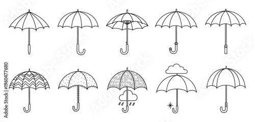 Diverse umbrella collection showcasing various designs and weather themes perfect for season related media or protective gear advertising.