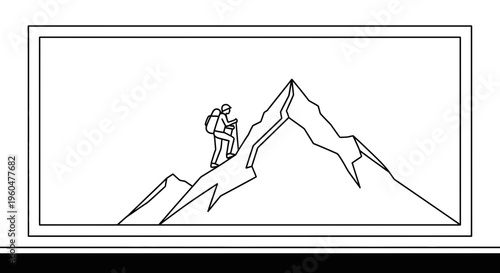 Minimalist vector illustration of a determined hiker ascending a jagged mountain peak representing