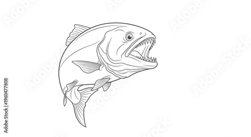 Aggressive Predatory Fish Leaping with Open Jaws and Sharp Teeth Detailed Line Art Drawing