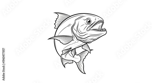 Dynamic outline illustration of a powerful predatory fish leaping with sharp teeth visible,