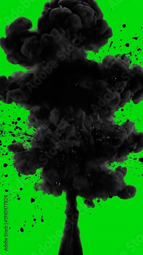 A large dark smoke explosion erupts against a green background