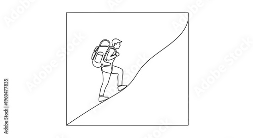 Minimalist continuous line art depicting a determined hiker with backpack ascending a steep incline