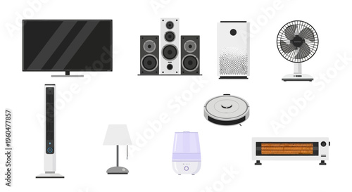 Modern Household Appliances and Electronics Collection Featuring TV, Speakers, Robot Vacuum, Fans, Air Purifier, and Heater in Flat Vector Illustration Style.