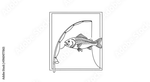 Graphic depiction of a fish hooked on a fishing rod, celebrating the catch in a clean line art style