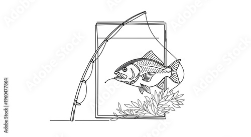 Monochromatic line art illustration of a fish caught on a fishing rod with lush aquatic plants