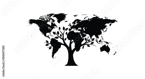 A striking black silhouette depicts a world map formed as a tree representing global ecology and sustainability silhouette