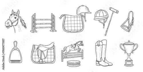 A comprehensive collection of equestrian riding equipment and horse accessories, featuring a horse, saddle, helmet, boots, and jumping fence, perfect for stable life designs.