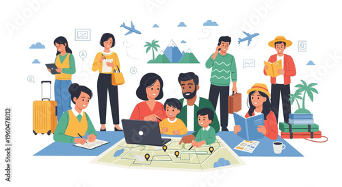 Diverse family planning vacation, traveling together with luggage, maps, and technology