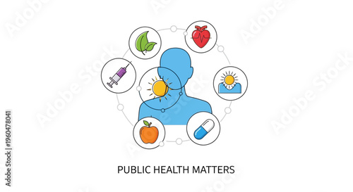 Healthcare concept: human silhouette with icons for wellness, medicine, and healthy lifestyle choices