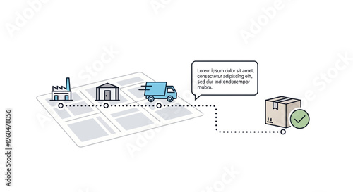Logistics delivery truck route from factory to warehouse and final package destination