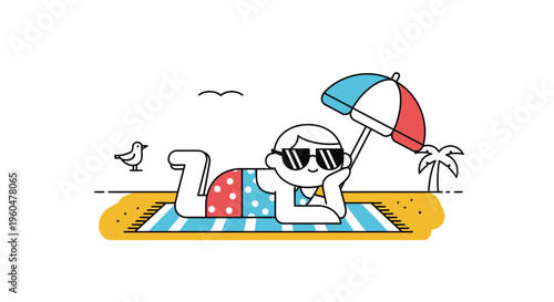 Cartoon Person Relaxing on Beach Under Umbrella, Summer Vacation