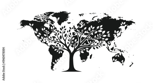 A striking world map is creatively formed from a flourishing tree showcasing global ecology a silhouette high quality