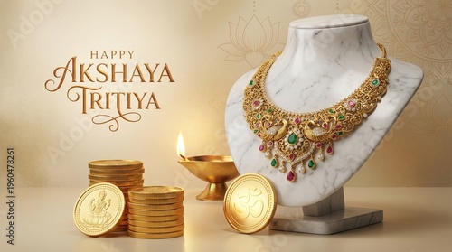 Akshaya Tritiya display of gold coins, a traditional necklace on a bust, and an Om symbol, representing wealth and spiritual significance