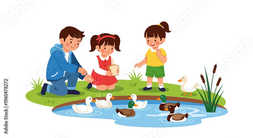 Obraz na płótnie Children feeding ducks in pond, outdoor nature activity, summer day, illustratio