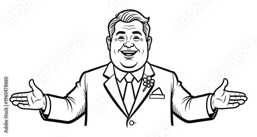 A friendly smiling businessman wearing a suit and tie with a shamrock boutonniere extends open arms in a welcoming gesture perfect for hospitality or event promotion