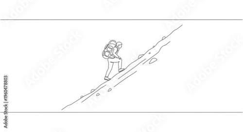 Determined hiker with a heavy pack ascends a challenging mountain slope in a minimalist line
